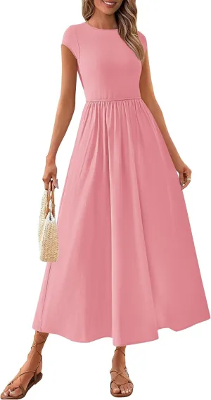 PRETTYGARDEN Women's 2025 Summer Casual Long Dresses Cap Sleeve Patchwork A Line Flowy Modest Elegant Homecoming Maxi Dress