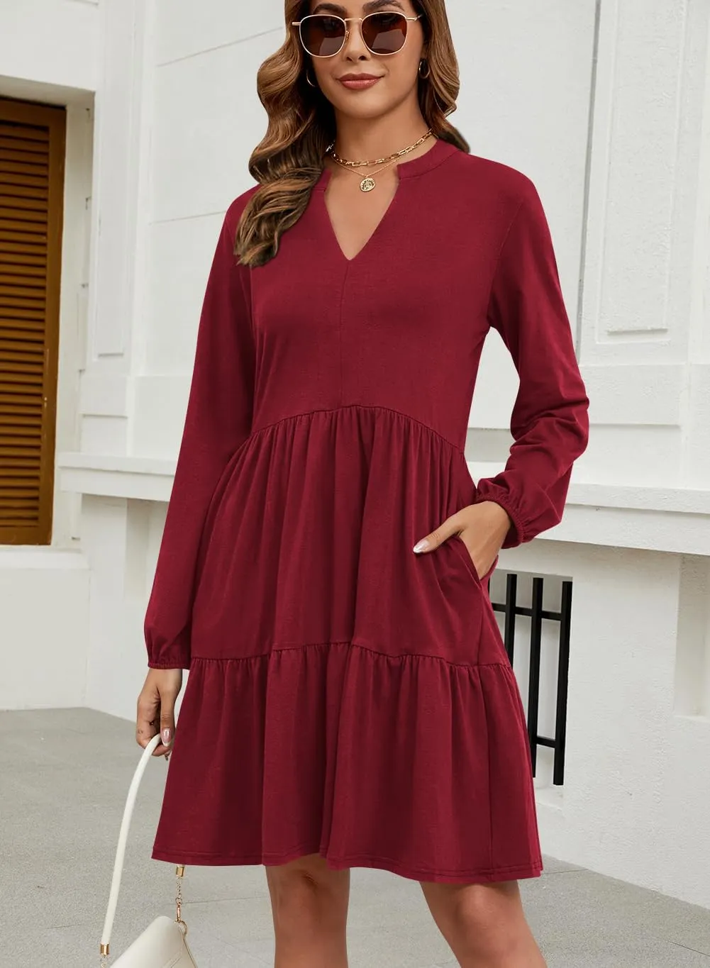 QACOHU Women Spring Tunic Dress 2025 V Neck Casual Tiered Long Sleeve with Pockets A-Line Swing Mini Babydoll Dress