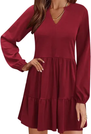 QACOHU Women Spring Tunic Dress 2025 V Neck Casual Tiered Long Sleeve with Pockets A-Line Swing Mini Babydoll Dress