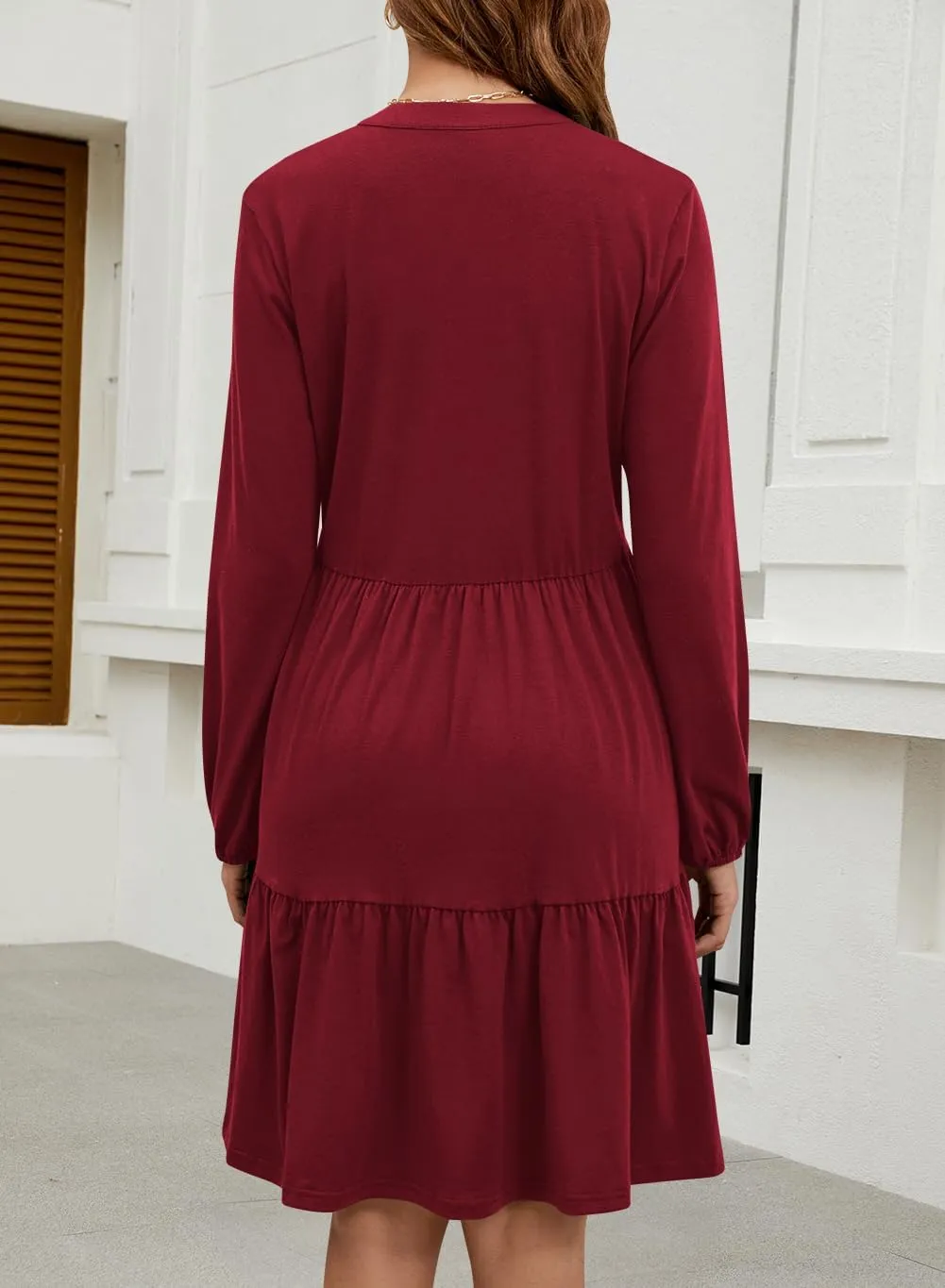 QACOHU Women Spring Tunic Dress 2025 V Neck Casual Tiered Long Sleeve with Pockets A-Line Swing Mini Babydoll Dress