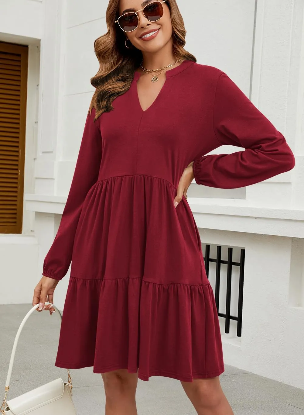 QACOHU Women Spring Tunic Dress 2025 V Neck Casual Tiered Long Sleeve with Pockets A-Line Swing Mini Babydoll Dress