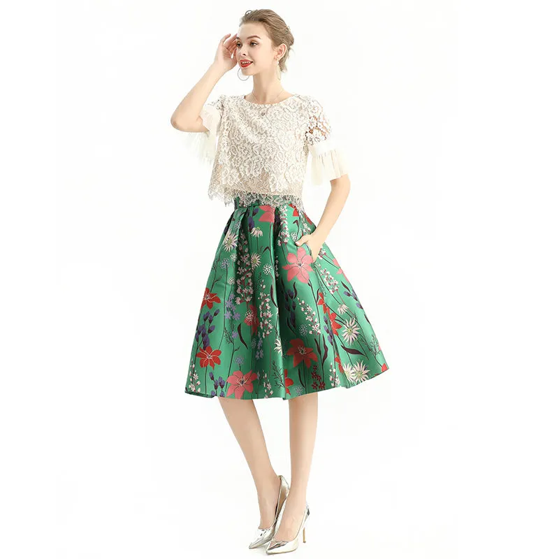 S137-3 Women floral heavy jacquard inverted pleat A-line midi skirt
