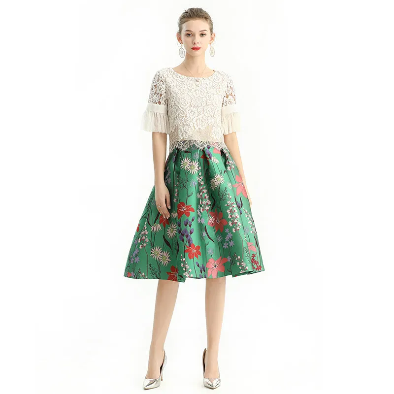 S137-3 Women floral heavy jacquard inverted pleat A-line midi skirt