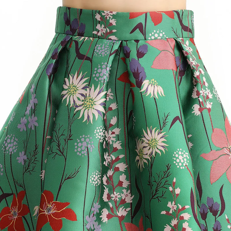 S137-3 Women floral heavy jacquard inverted pleat A-line midi skirt