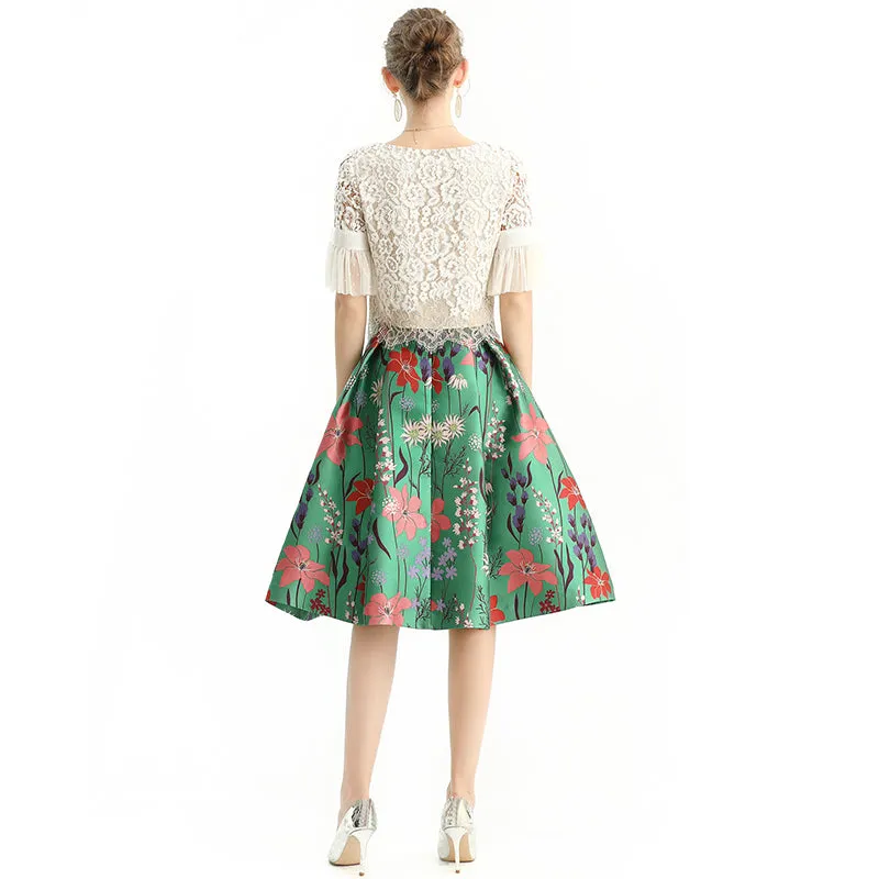 S137-3 Women floral heavy jacquard inverted pleat A-line midi skirt