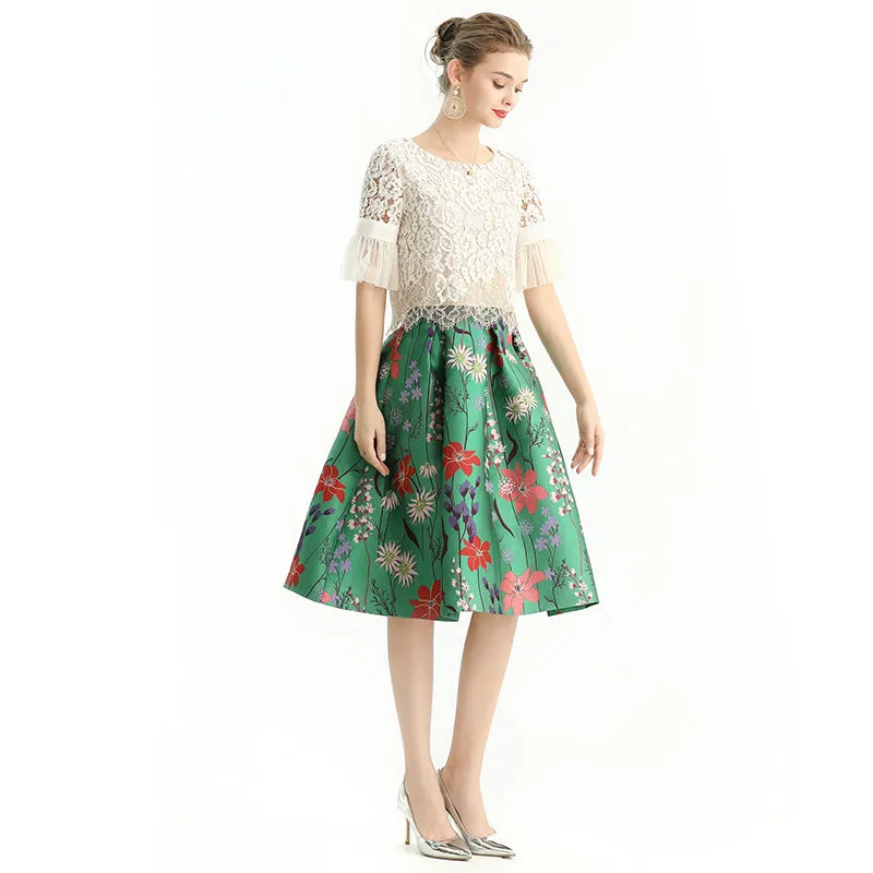 S137-3 Women floral heavy jacquard inverted pleat A-line midi skirt