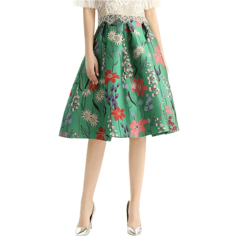 S137-3 Women floral heavy jacquard inverted pleat A-line midi skirt