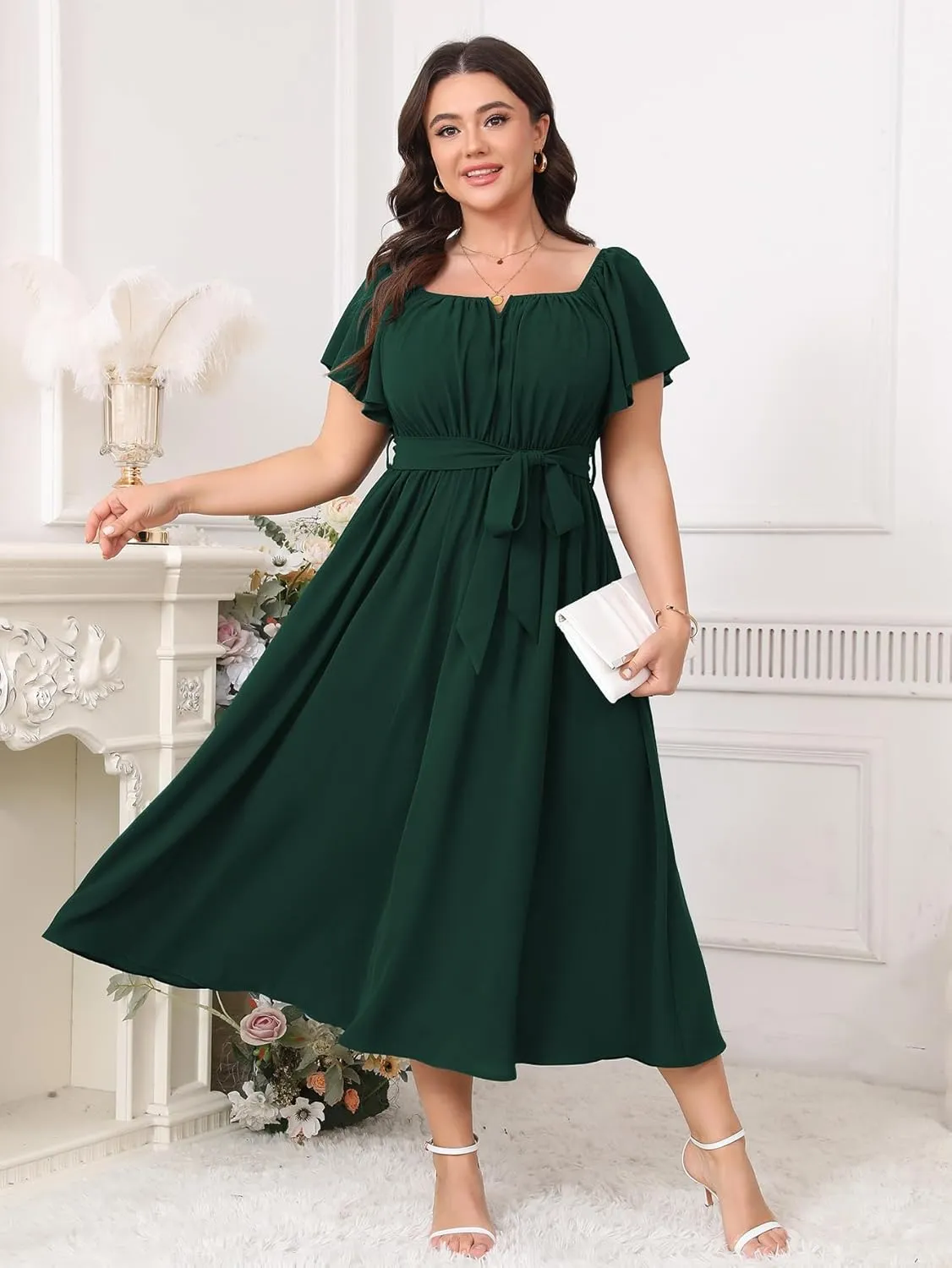 SCOMCHIC Women Plus Size Maxi Dress Off The Shoulder Bridesmaid Formal Wedding Guest Belted Flowy A Line Long Dresses