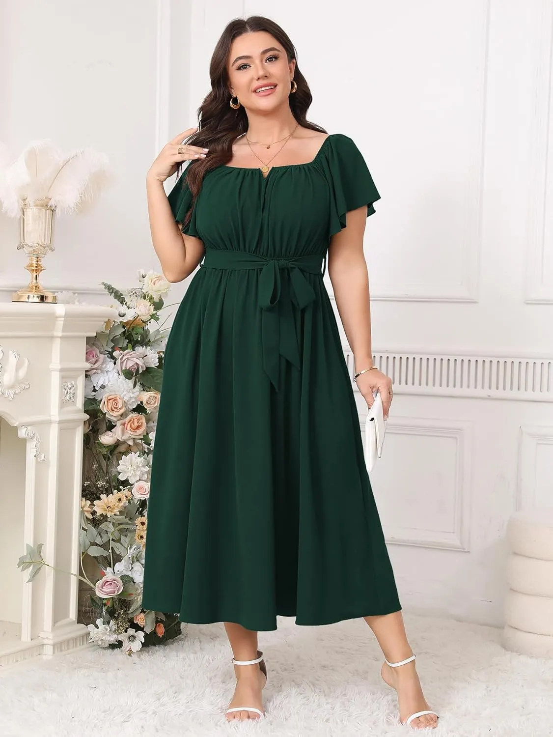 SCOMCHIC Women Plus Size Maxi Dress Off The Shoulder Bridesmaid Formal Wedding Guest Belted Flowy A Line Long Dresses