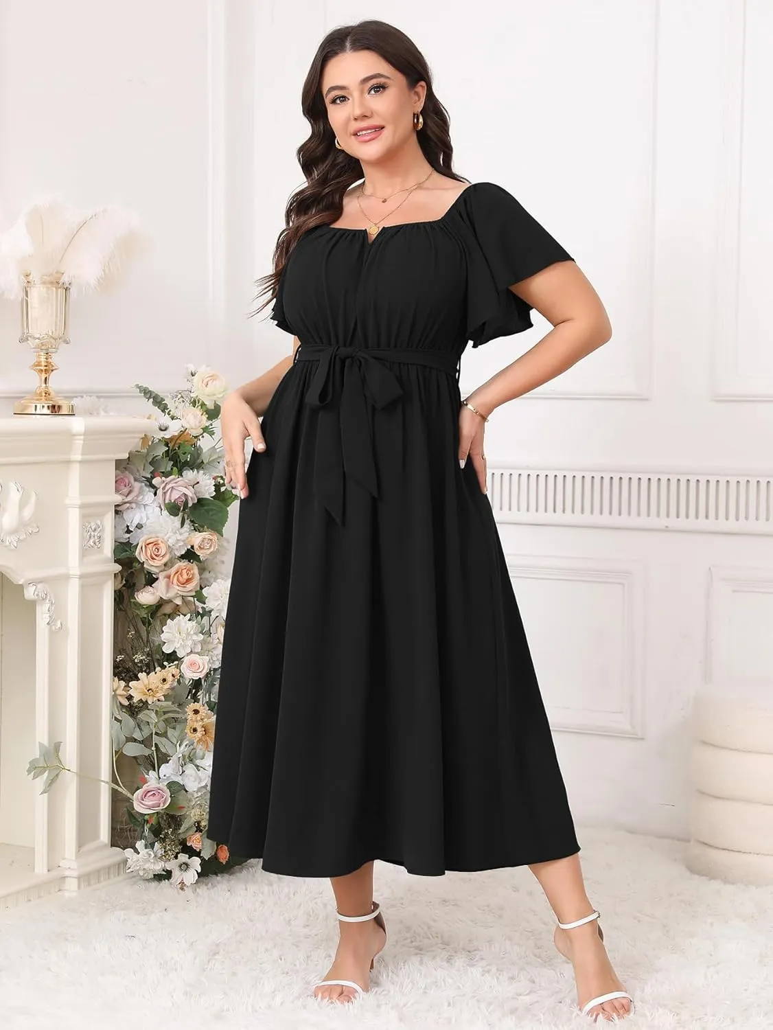 SCOMCHIC Women Plus Size Maxi Dress Off The Shoulder Bridesmaid Formal Wedding Guest Belted Flowy A Line Long Dresses