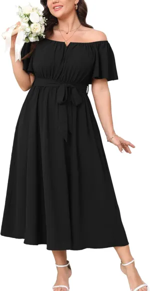 SCOMCHIC Women Plus Size Maxi Dress Off The Shoulder Bridesmaid Formal Wedding Guest Belted Flowy A Line Long Dresses