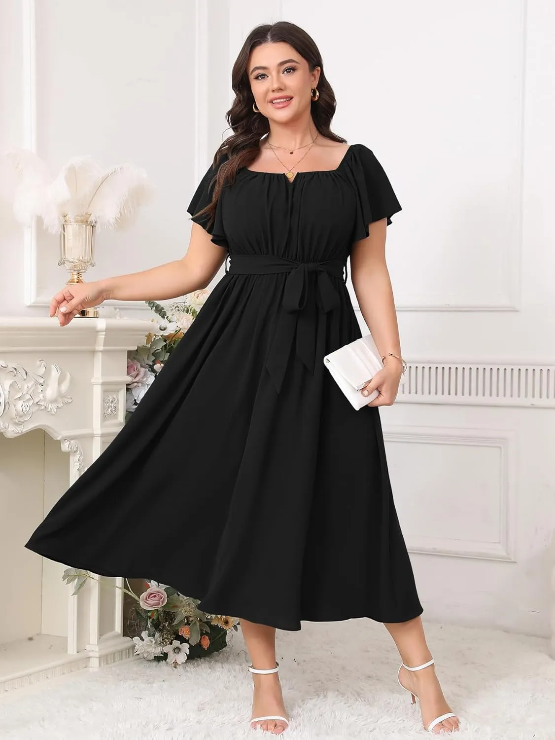 SCOMCHIC Women Plus Size Maxi Dress Off The Shoulder Bridesmaid Formal Wedding Guest Belted Flowy A Line Long Dresses