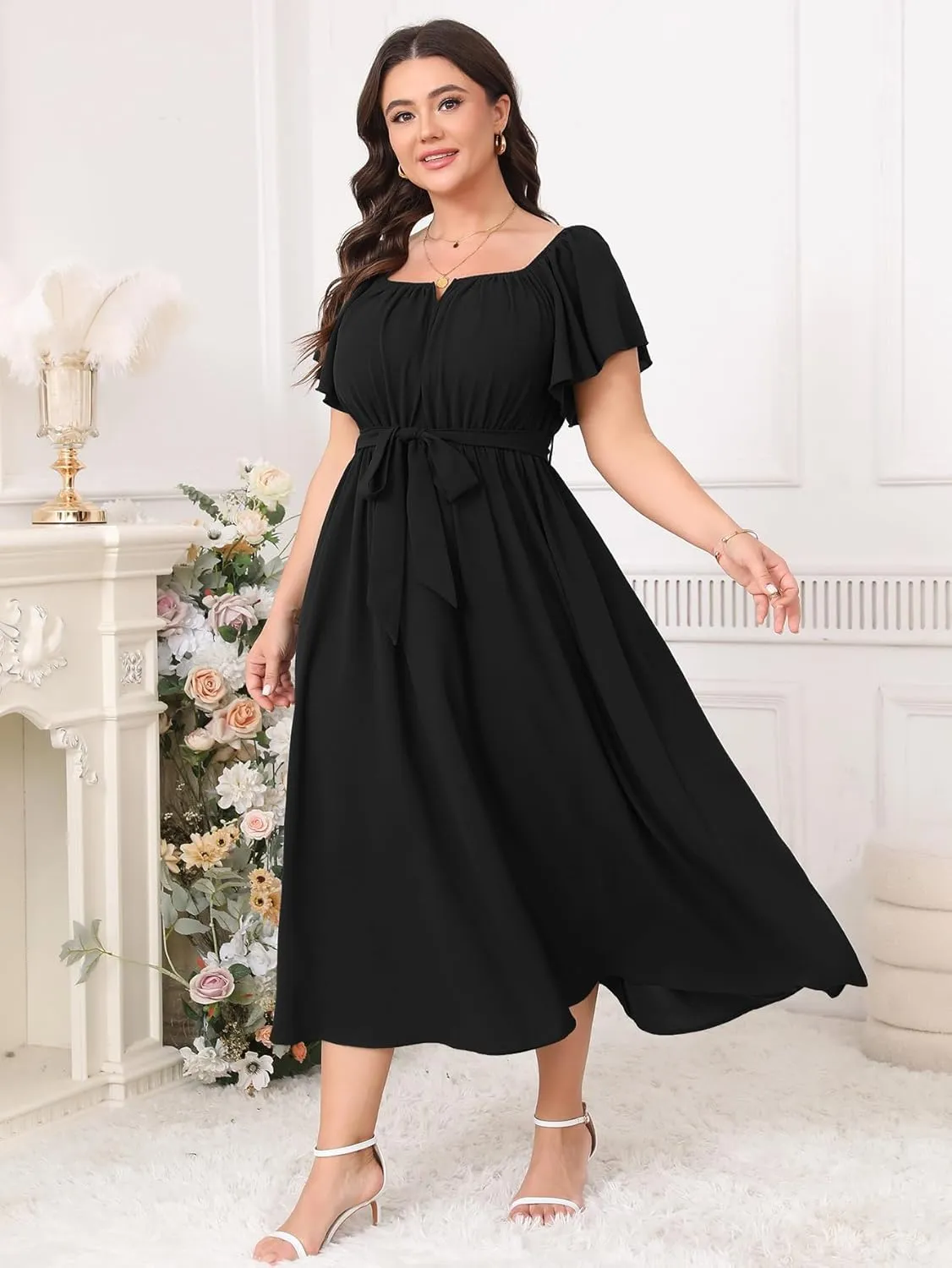SCOMCHIC Women Plus Size Maxi Dress Off The Shoulder Bridesmaid Formal Wedding Guest Belted Flowy A Line Long Dresses