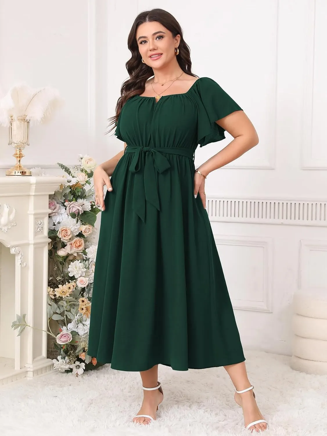 SCOMCHIC Women Plus Size Maxi Dress Off The Shoulder Bridesmaid Formal Wedding Guest Belted Flowy A Line Long Dresses