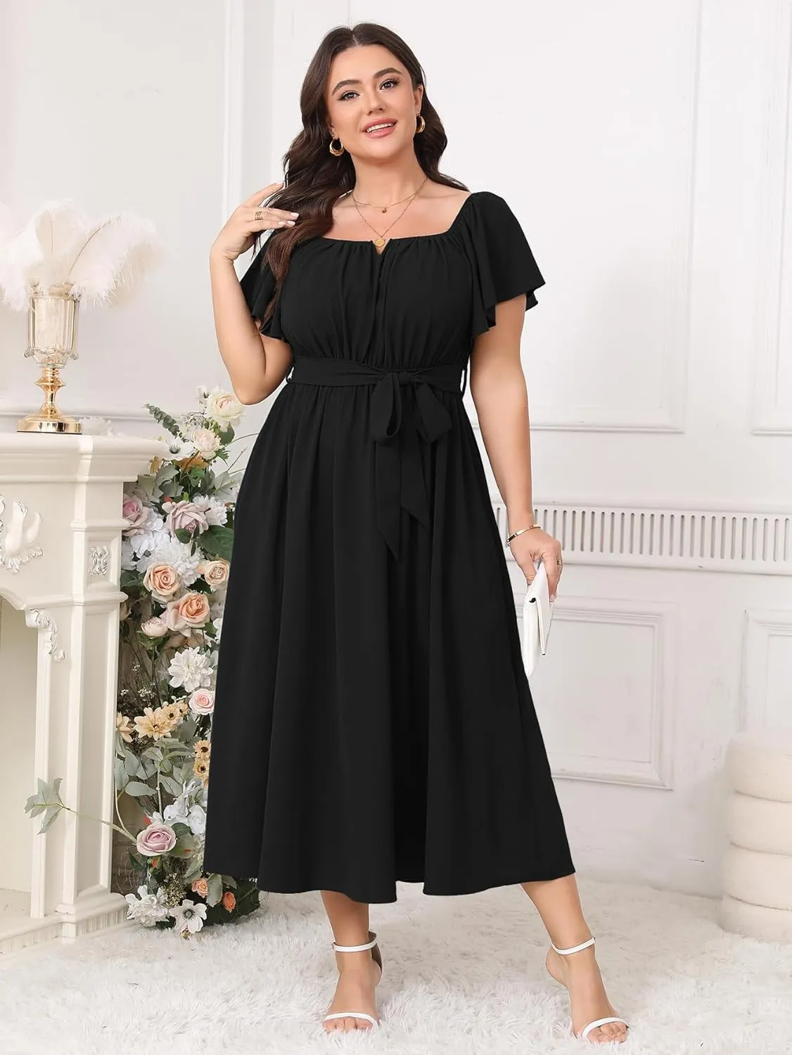 SCOMCHIC Women Plus Size Maxi Dress Off The Shoulder Bridesmaid Formal Wedding Guest Belted Flowy A Line Long Dresses