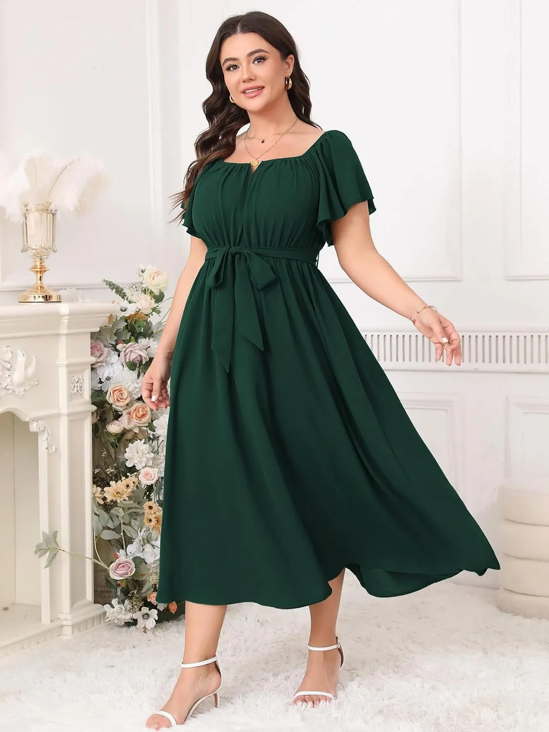 SCOMCHIC Women Plus Size Maxi Dress Off The Shoulder Bridesmaid Formal Wedding Guest Belted Flowy A Line Long Dresses