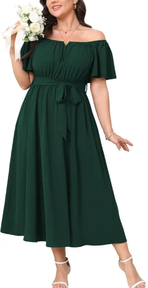 SCOMCHIC Women Plus Size Maxi Dress Off The Shoulder Bridesmaid Formal Wedding Guest Belted Flowy A Line Long Dresses