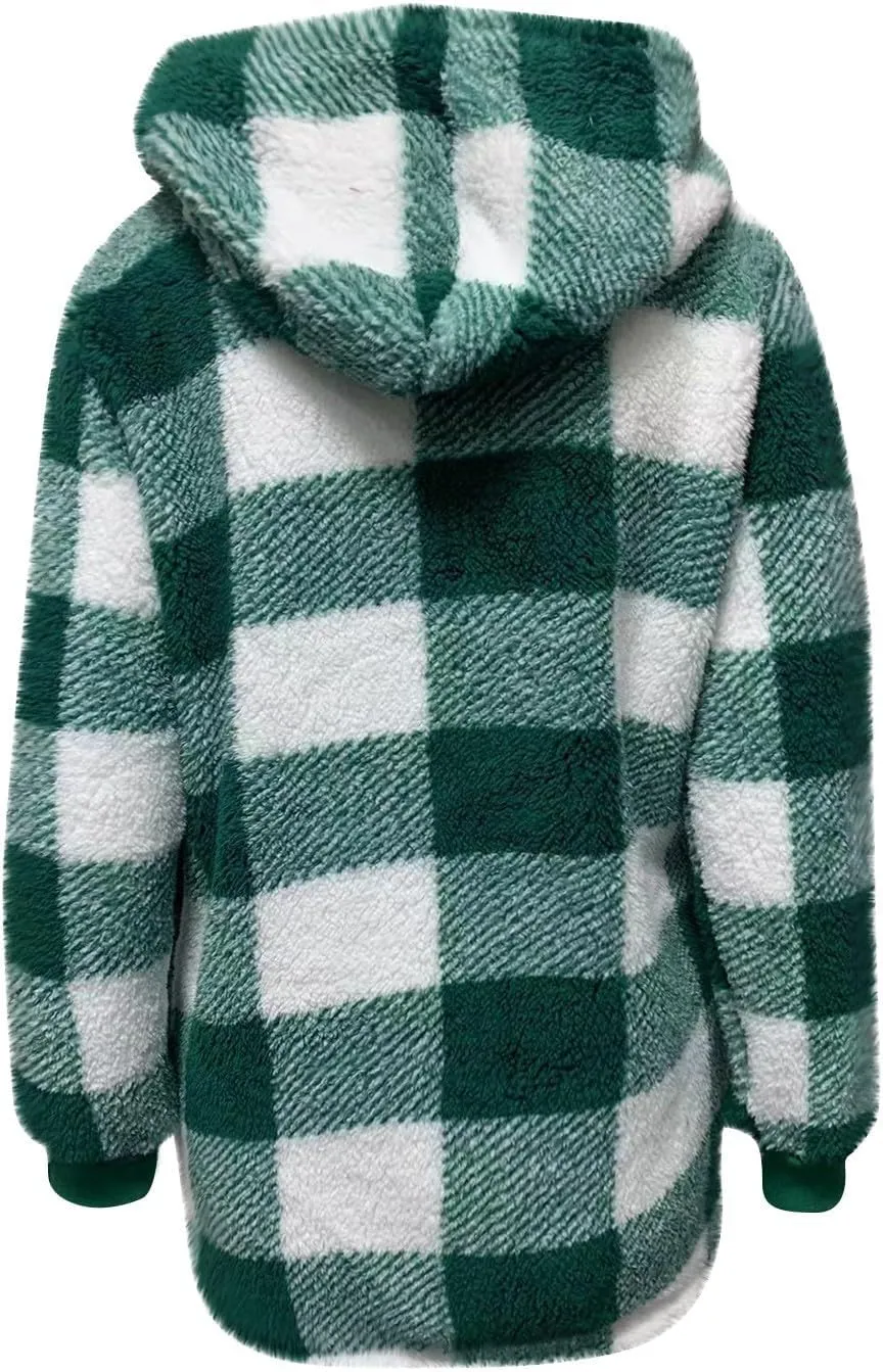 Sherpa Jacket Women Plus Size Plaid Fuzzy Oversized Zip Up Hoodie Casual Long Winter Coats with Pockets Fleece Jacket