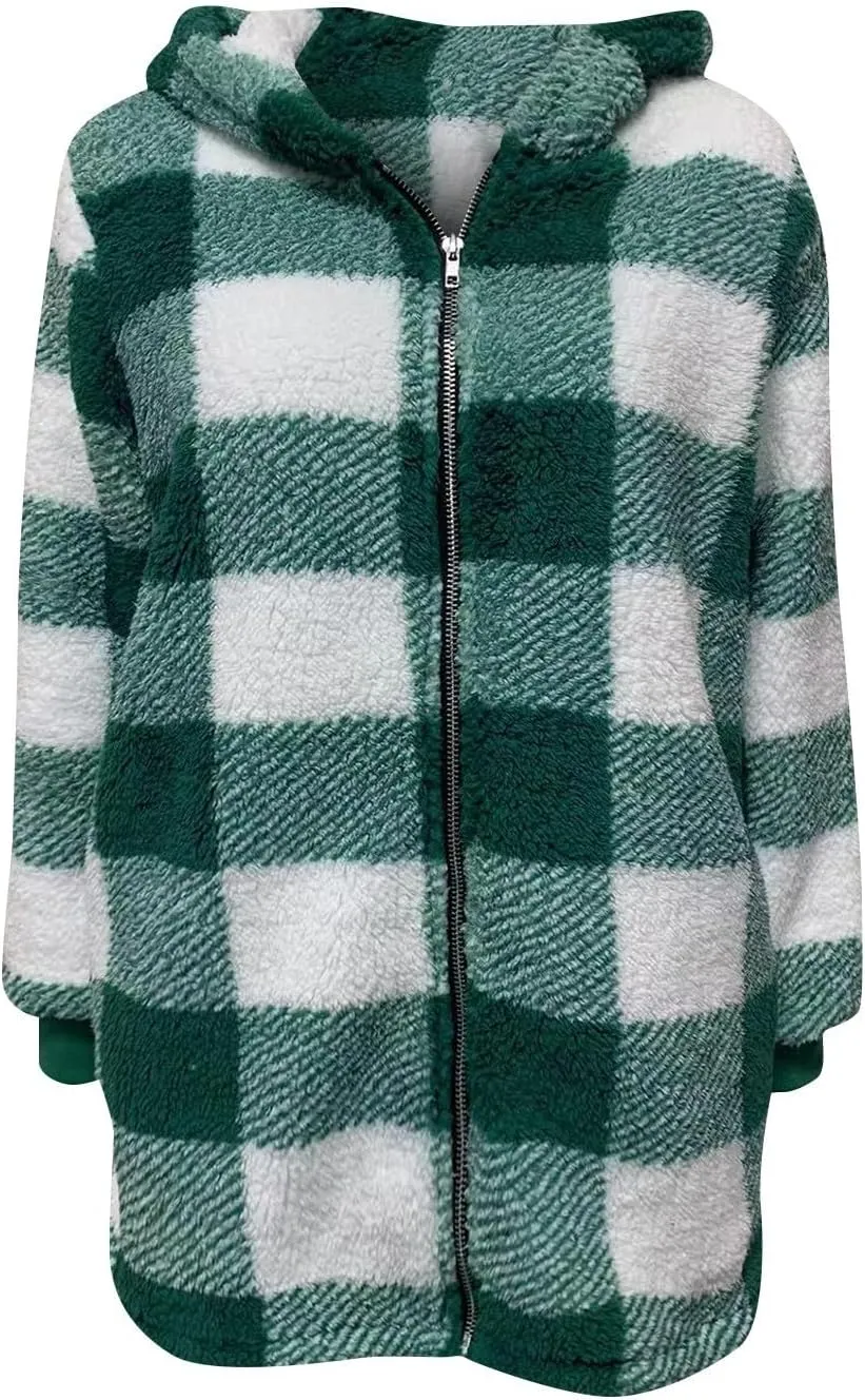Sherpa Jacket Women Plus Size Plaid Fuzzy Oversized Zip Up Hoodie Casual Long Winter Coats with Pockets Fleece Jacket