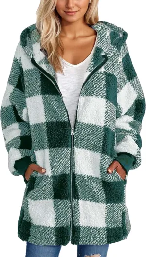 Sherpa Jacket Women Plus Size Plaid Fuzzy Oversized Zip Up Hoodie Casual Long Winter Coats with Pockets Fleece Jacket