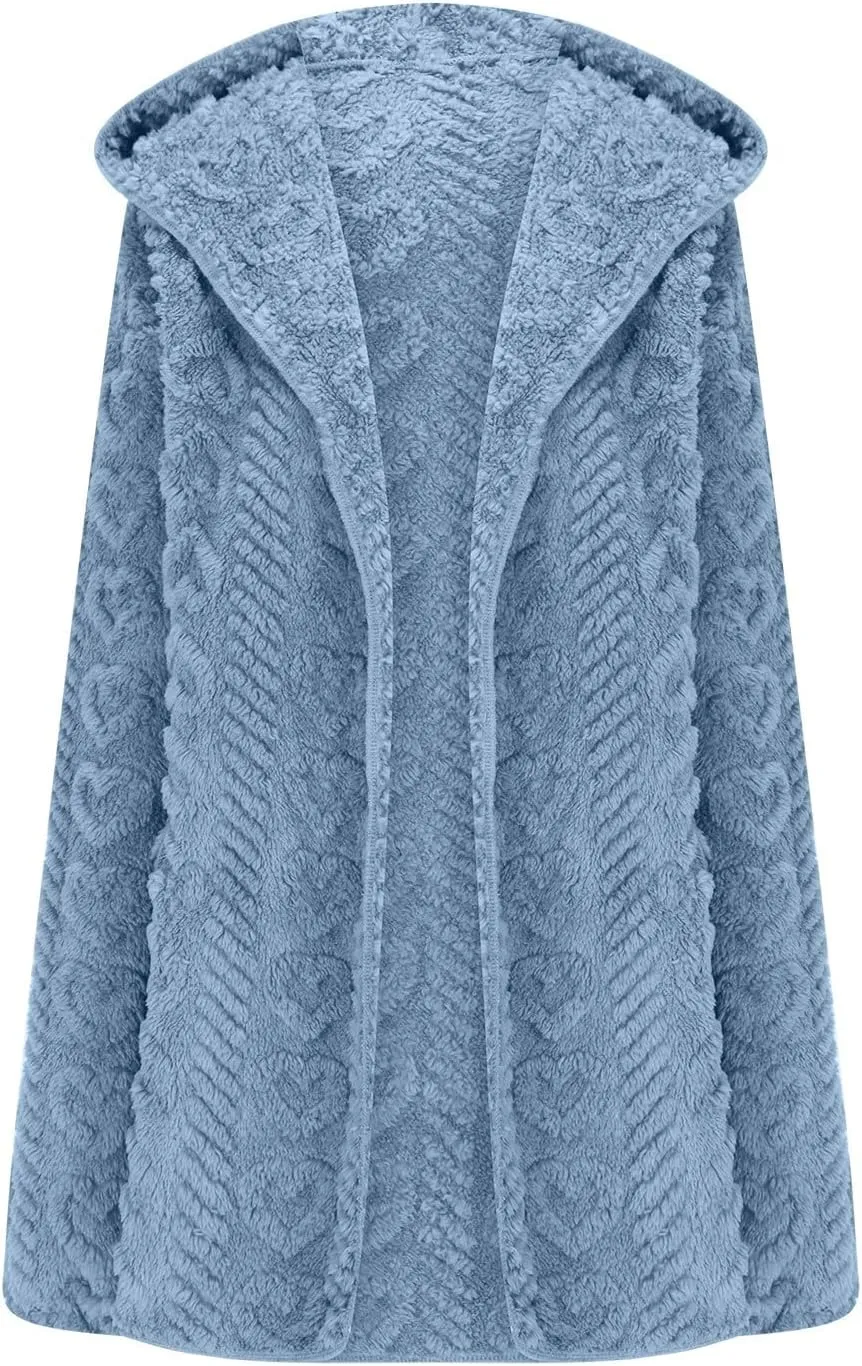 Sherpa Jacket Women Teddy Bear Fleece Jacket Oversized Open Front Hooded Cardigan Fuzzy Sweater Coats with Pockets