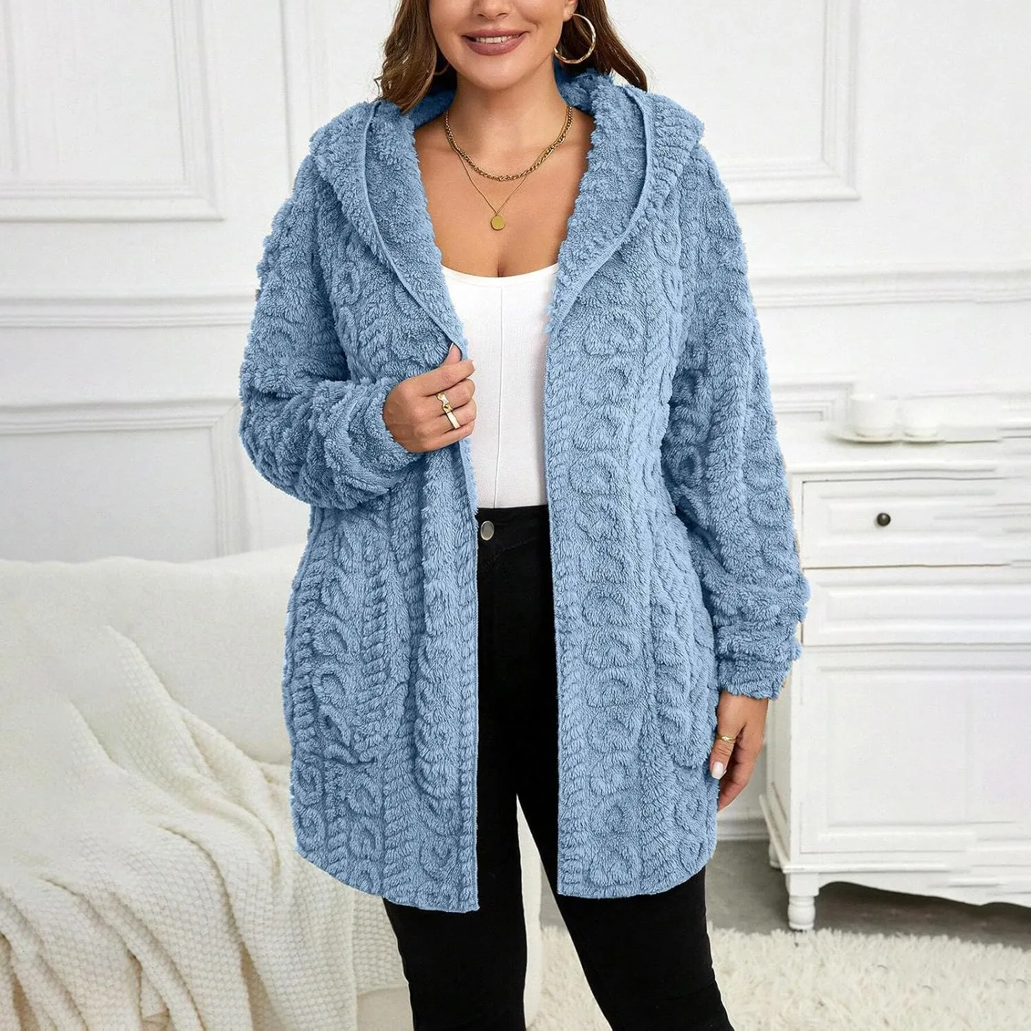 Sherpa Jacket Women Teddy Bear Fleece Jacket Oversized Open Front Hooded Cardigan Fuzzy Sweater Coats with Pockets