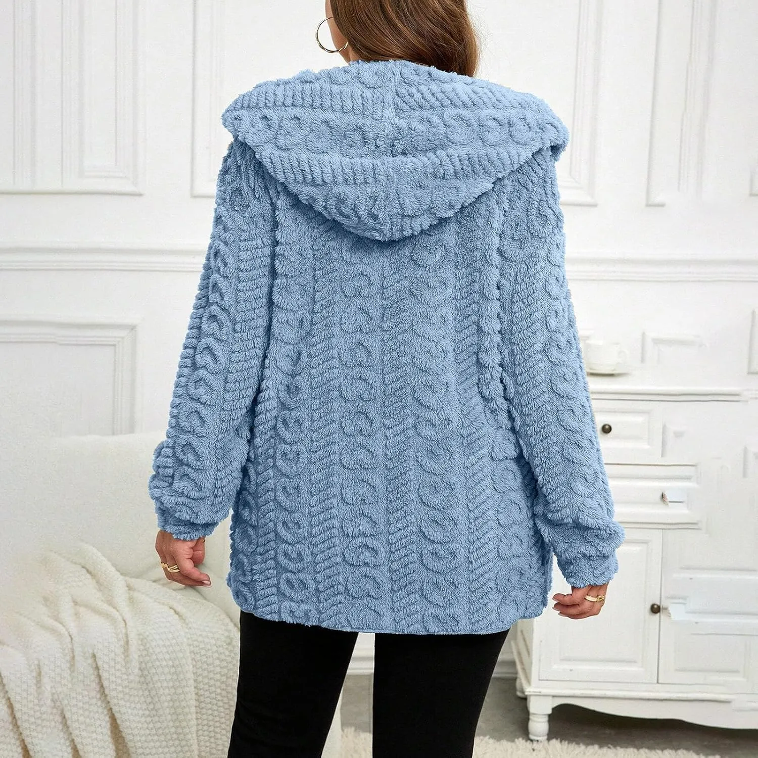 Sherpa Jacket Women Teddy Bear Fleece Jacket Oversized Open Front Hooded Cardigan Fuzzy Sweater Coats with Pockets