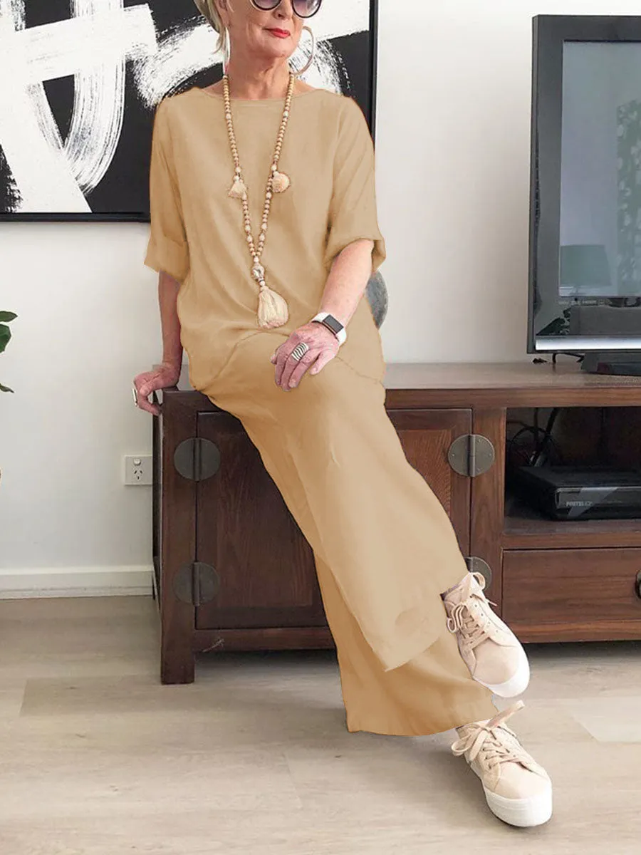 Simple Casual Loose Round Neck Blouse Suit