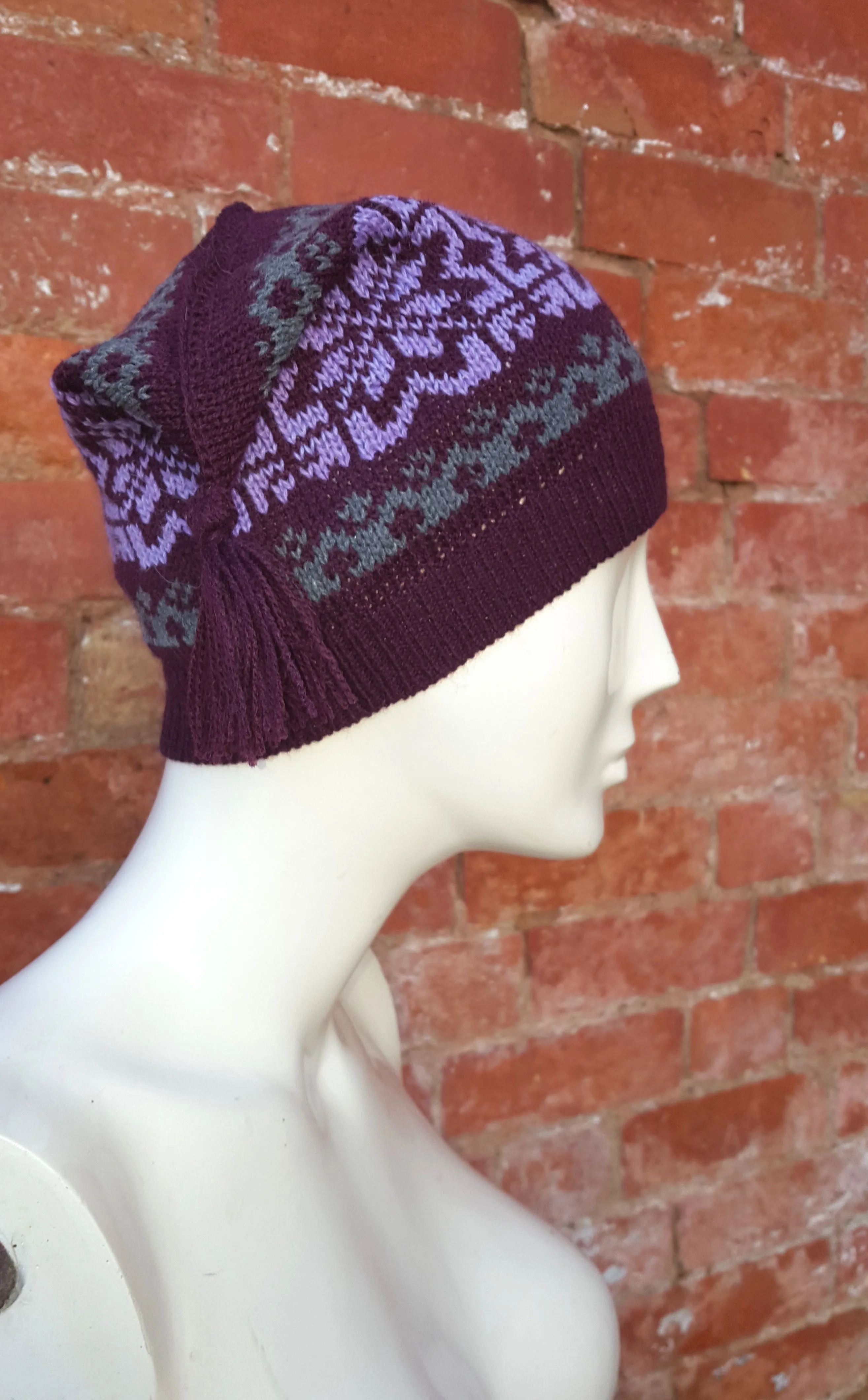 Ski hat, square shaped tassle hat, Plum coloured hat, unisex winter hat,