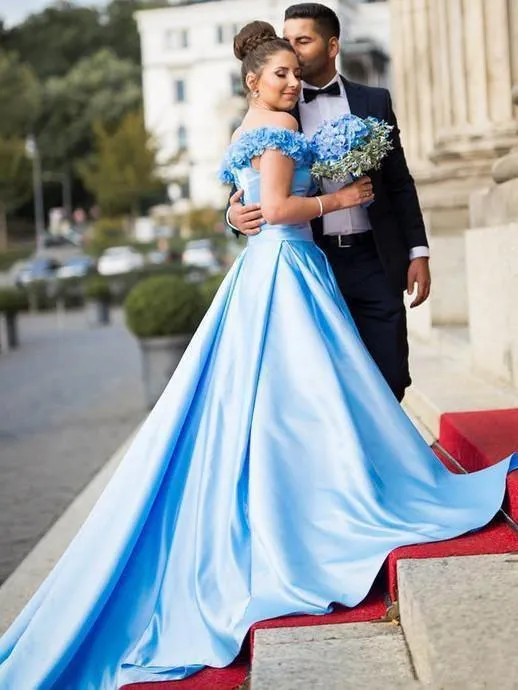 Sky Blue Off The Shoulder Satin Prom Dresses Floral Long Formal Dresses  PG991