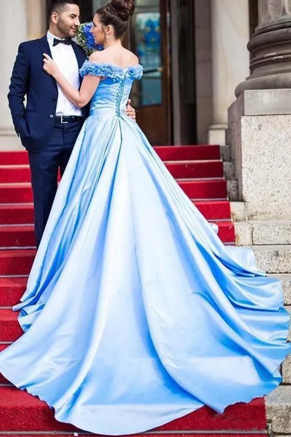 Sky Blue Off The Shoulder Satin Prom Dresses Floral Long Formal Dresses  PG991