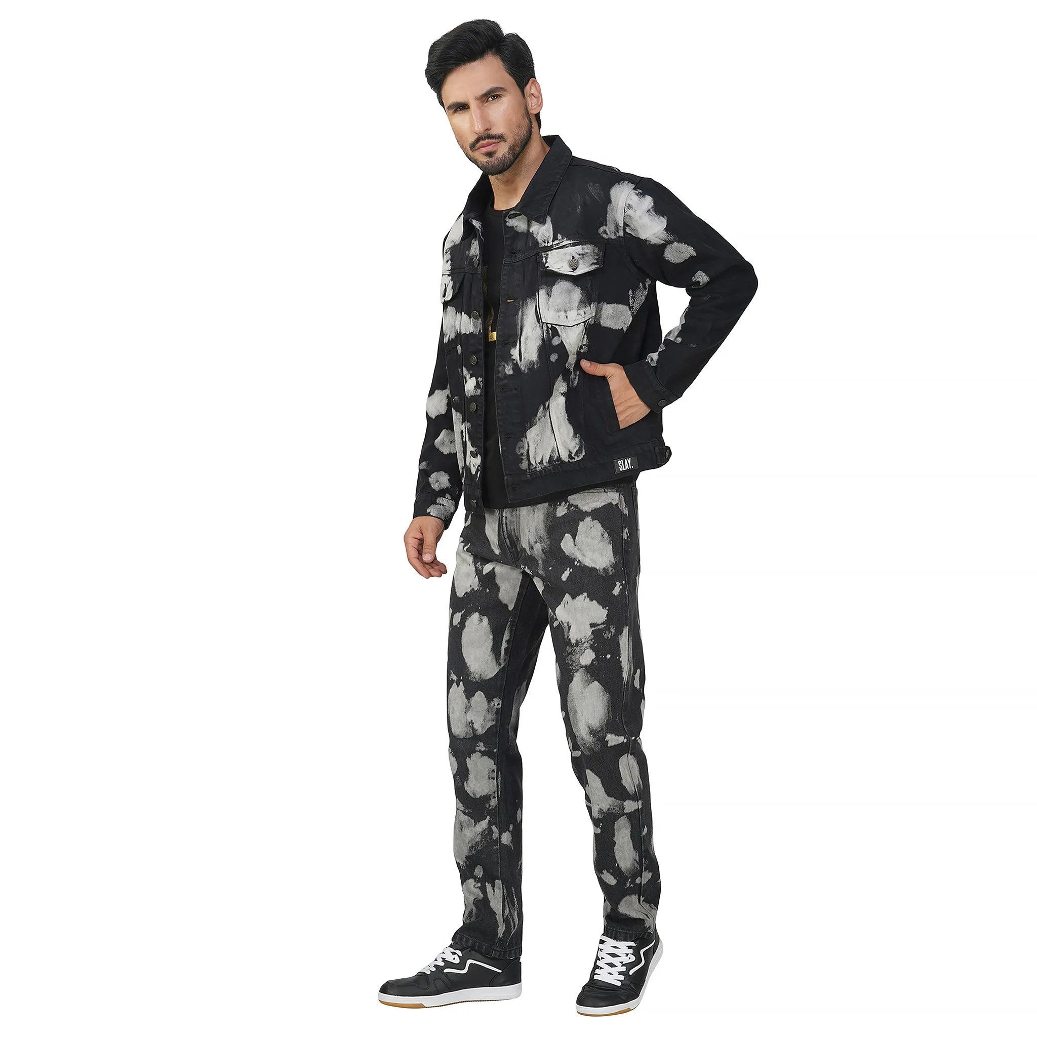 SLAY. Men's Black & White Tie Dye Denim Jacket & Jeans Co-ord Set