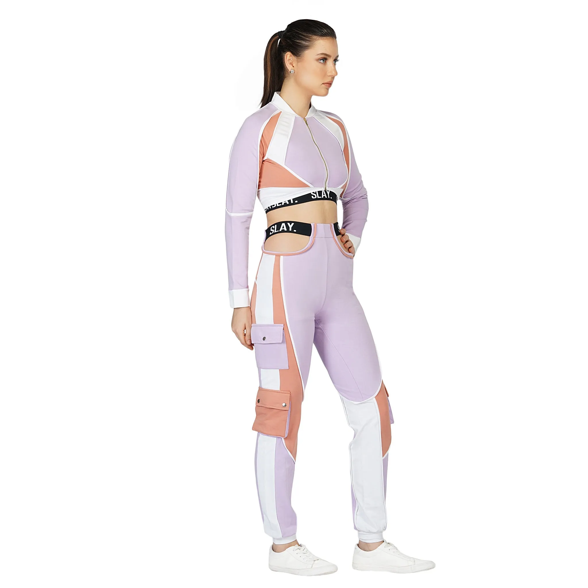 SLAY. Women's Crop Jacket Lavender Lilac Nude White Colorblock - Activewear Streetwear