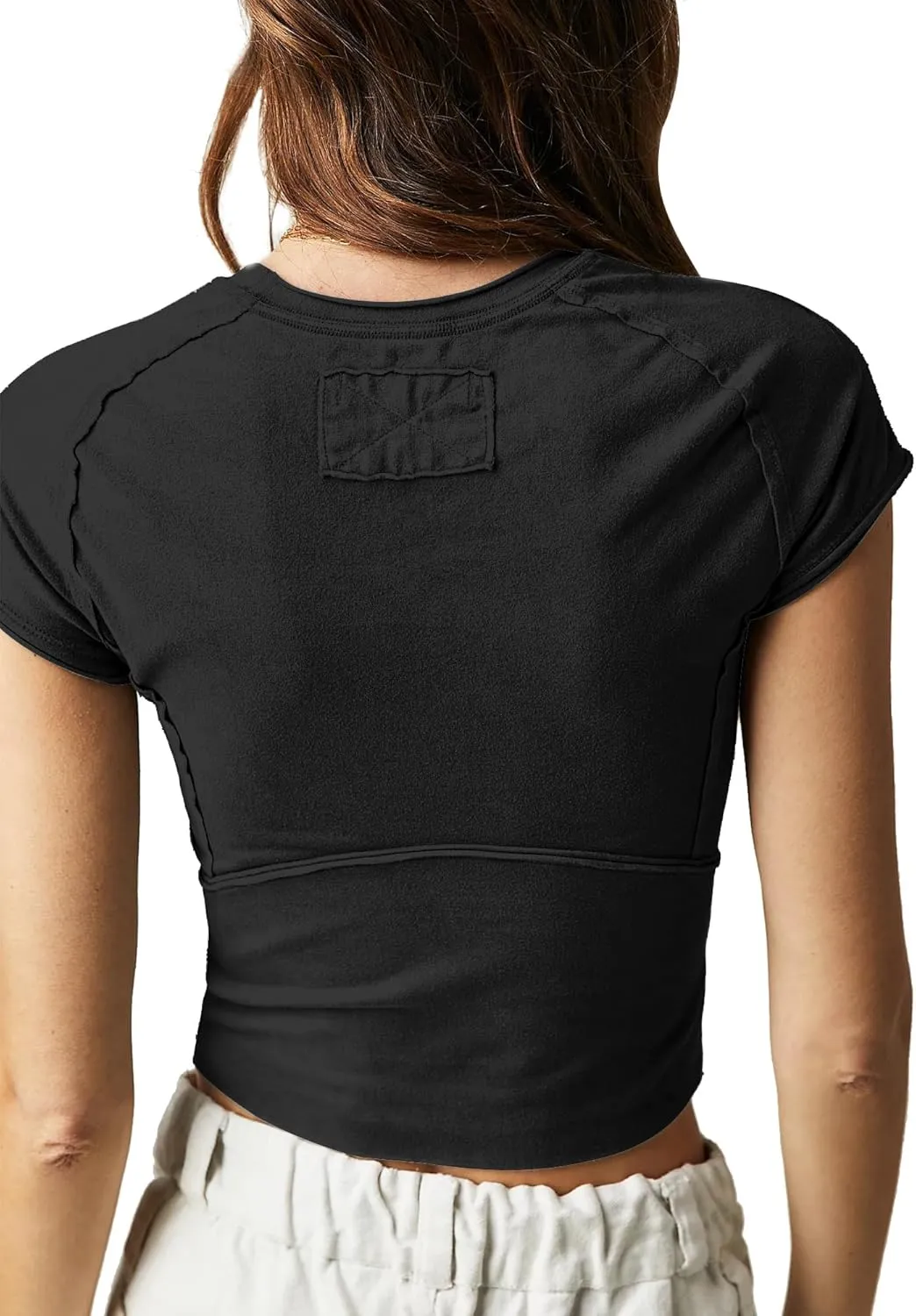 Slim Fit Crop Tops for Women Open Seam Splicing Short Sleeve Cotton T Shirts Workout Basic Clothing Tee Top 2025 Summer