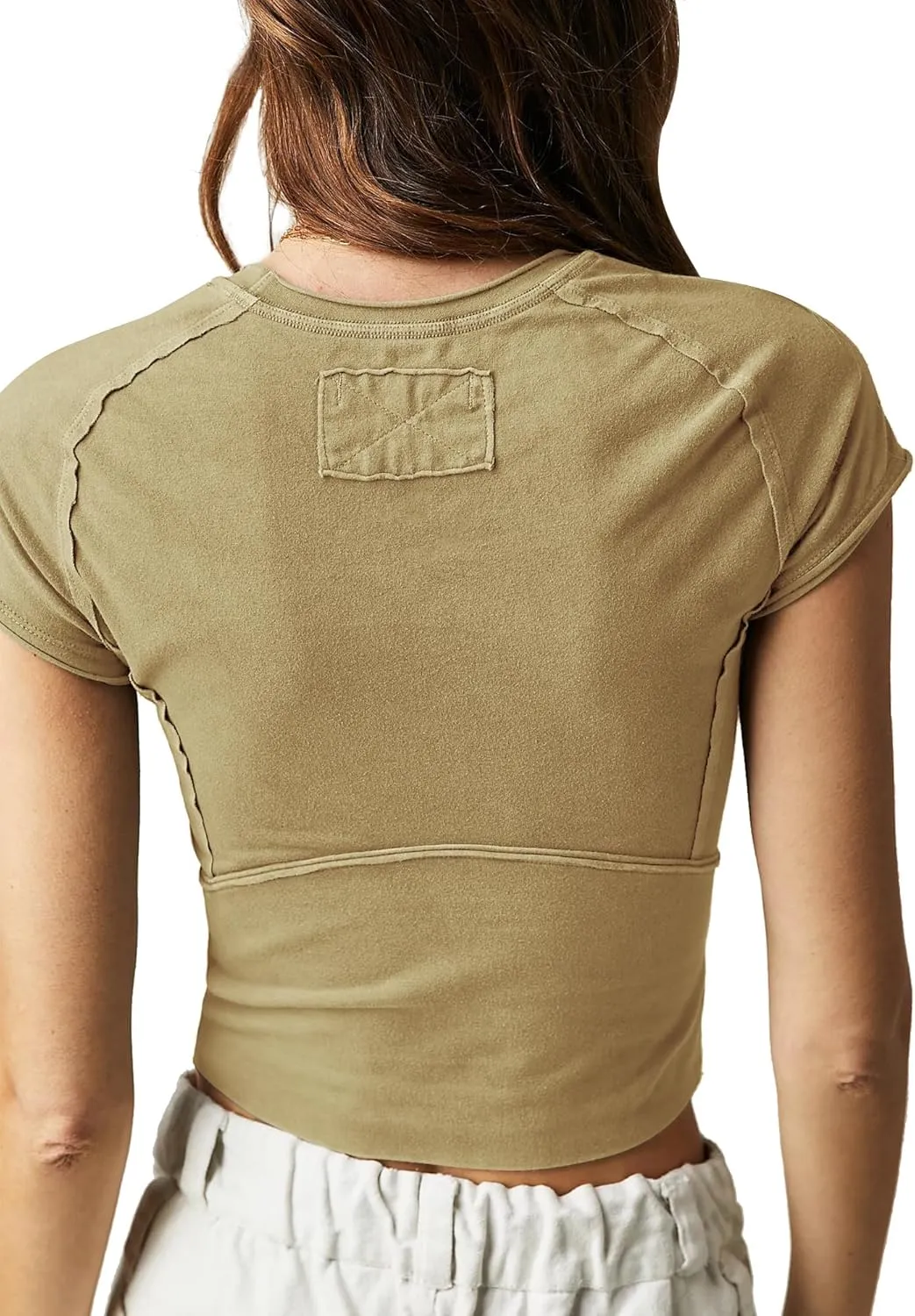 Slim Fit Crop Tops for Women Open Seam Splicing Short Sleeve Cotton T Shirts Workout Basic Clothing Tee Top 2025 Summer