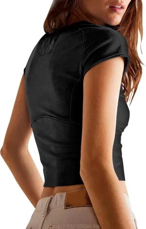 Slim Fit Crop Tops for Women Open Seam Splicing Short Sleeve Cotton T Shirts Workout Basic Clothing Tee Top 2025 Summer