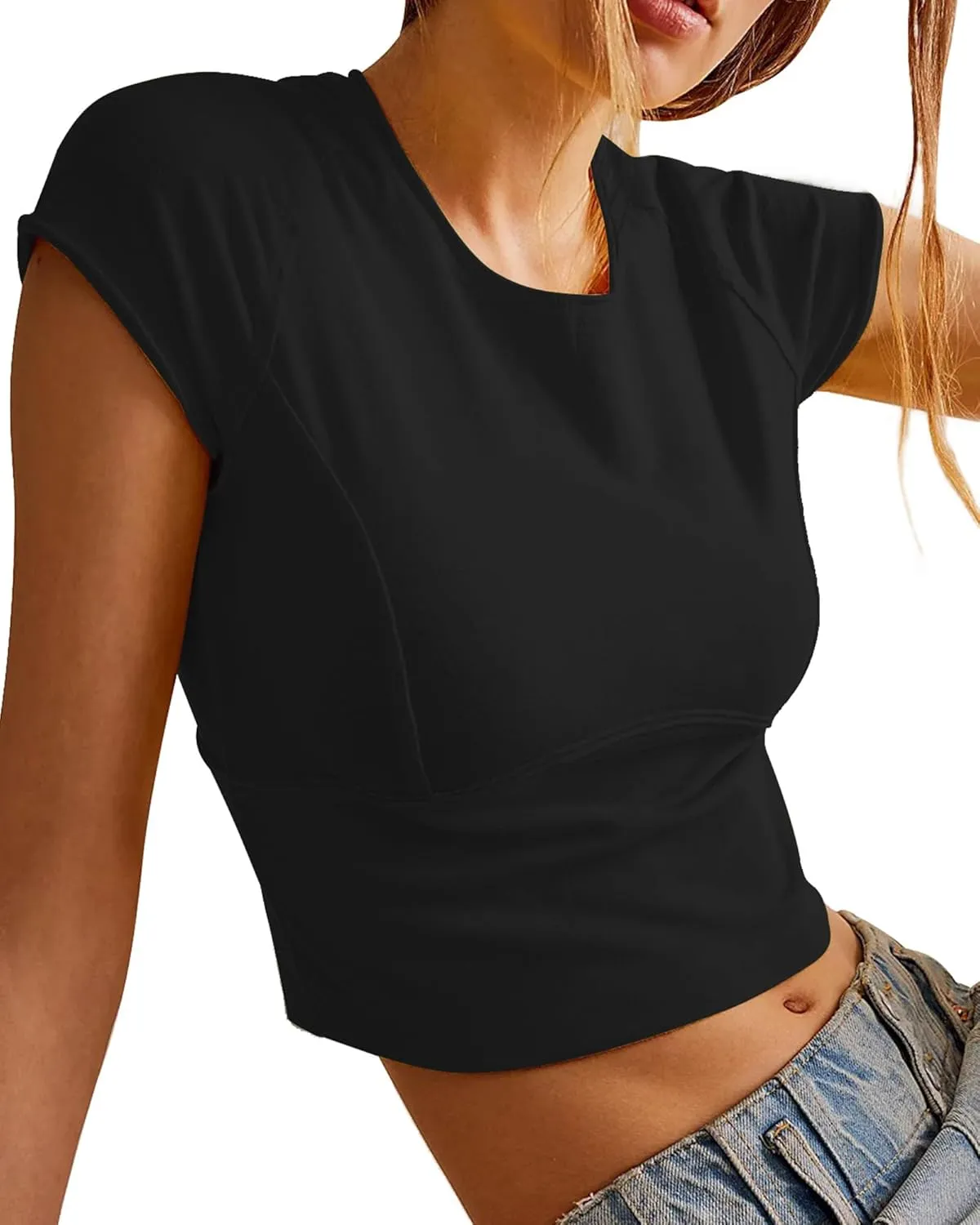 Slim Fit Crop Tops for Women Open Seam Splicing Short Sleeve Cotton T Shirts Workout Basic Clothing Tee Top 2025 Summer