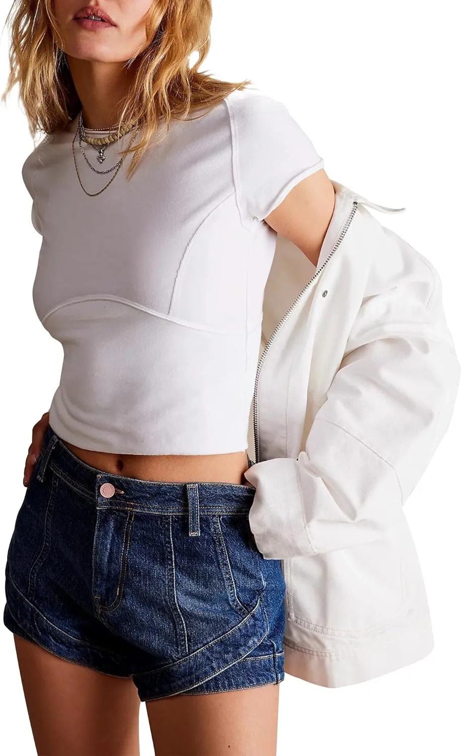Slim Fit Crop Tops for Women Open Seam Splicing Short Sleeve Cotton T Shirts Workout Basic Clothing Tee Top 2025 Summer