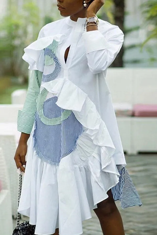 Striped Patchwork Ruffle Shirt Dress