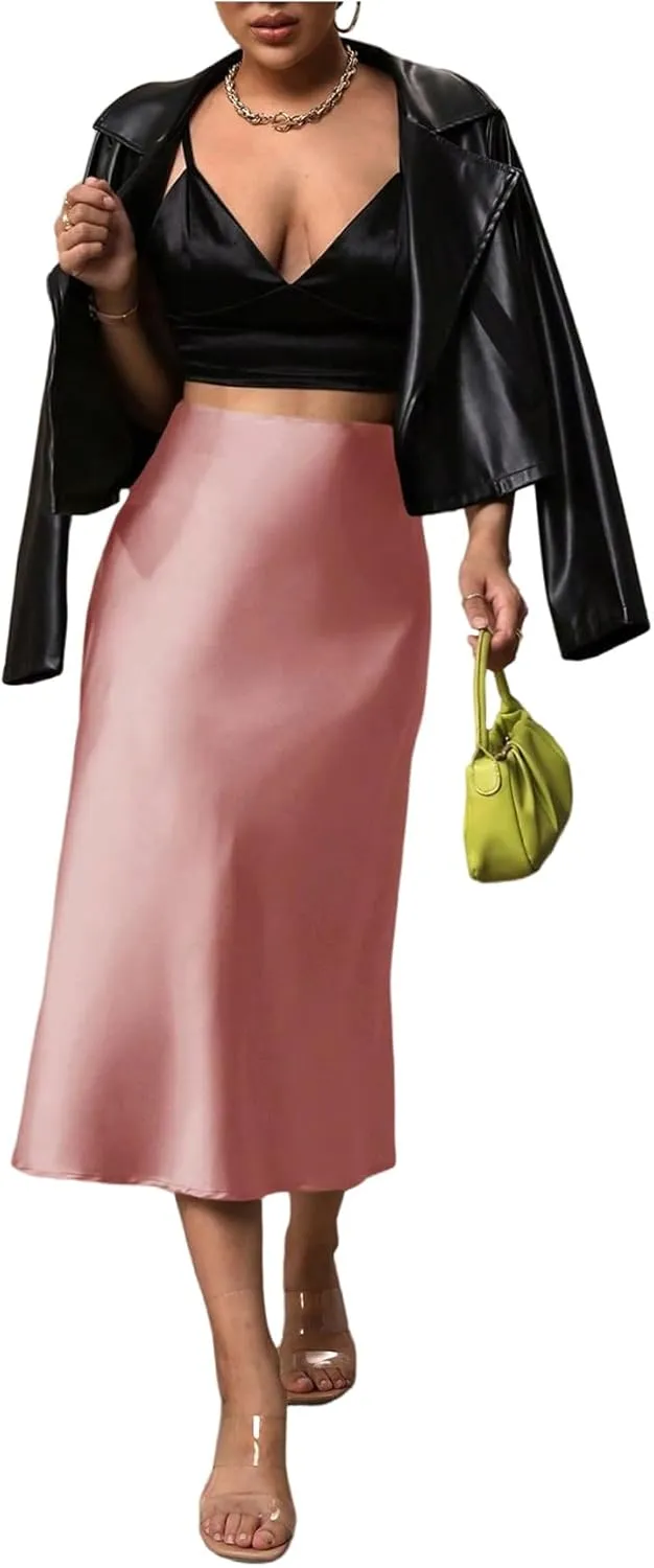 SweatyRocks Women's Satin High Waist Skirt Elegant Flared A Line Midi Skirt