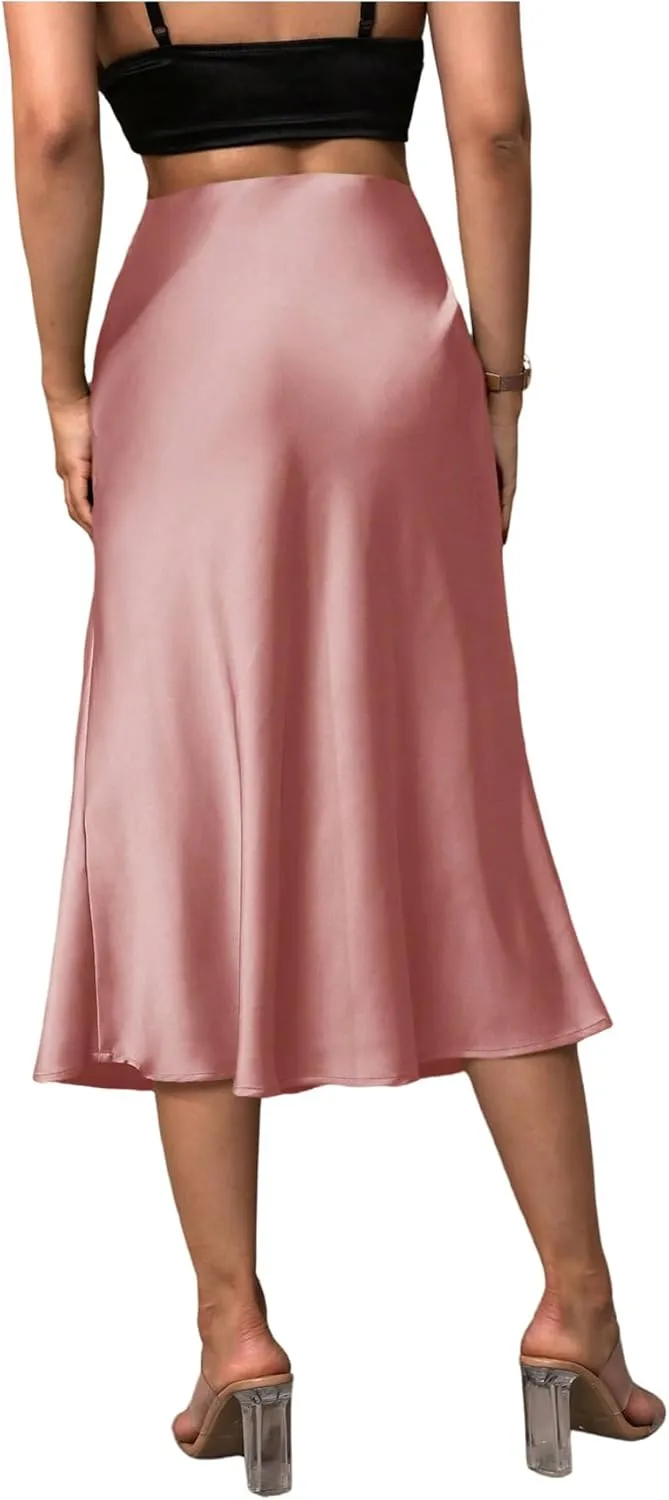 SweatyRocks Women's Satin High Waist Skirt Elegant Flared A Line Midi Skirt