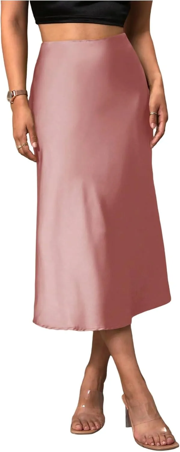 SweatyRocks Women's Satin High Waist Skirt Elegant Flared A Line Midi Skirt