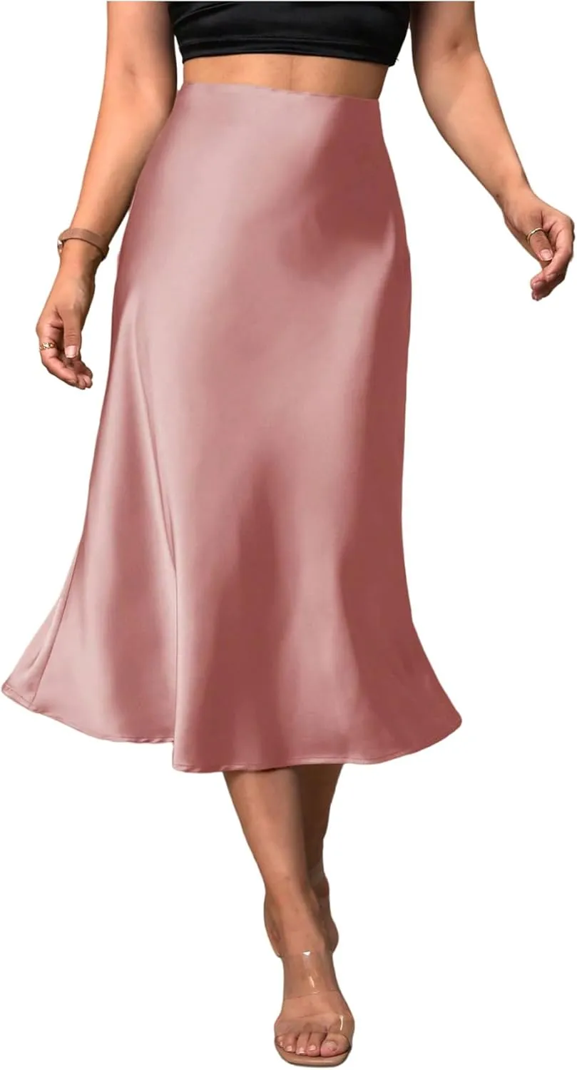 SweatyRocks Women's Satin High Waist Skirt Elegant Flared A Line Midi Skirt