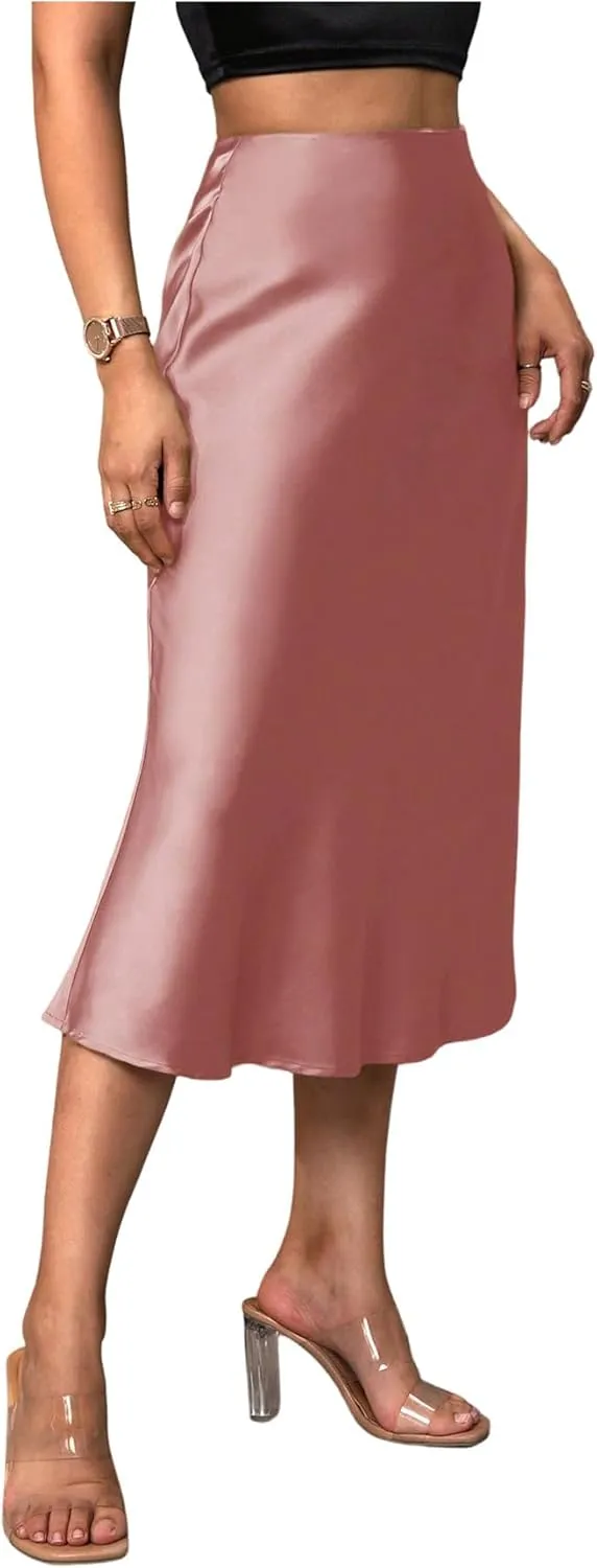 SweatyRocks Women's Satin High Waist Skirt Elegant Flared A Line Midi Skirt