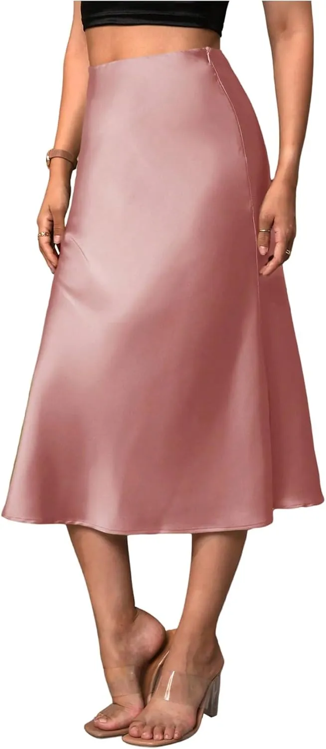 SweatyRocks Women's Satin High Waist Skirt Elegant Flared A Line Midi Skirt