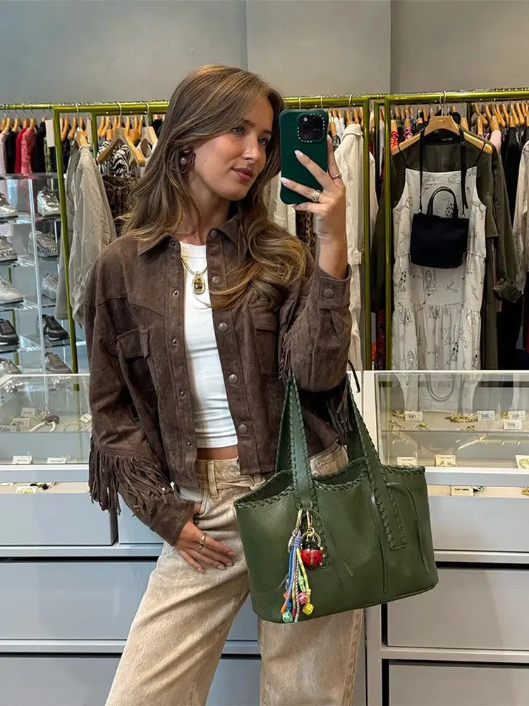 TAVIMART  -  Fashion Tassels Patchwork Long Sleeve Suede Jacket Women Lapel Single Breasted Slim Short Coats 2024 Autumn Lady High Street Top