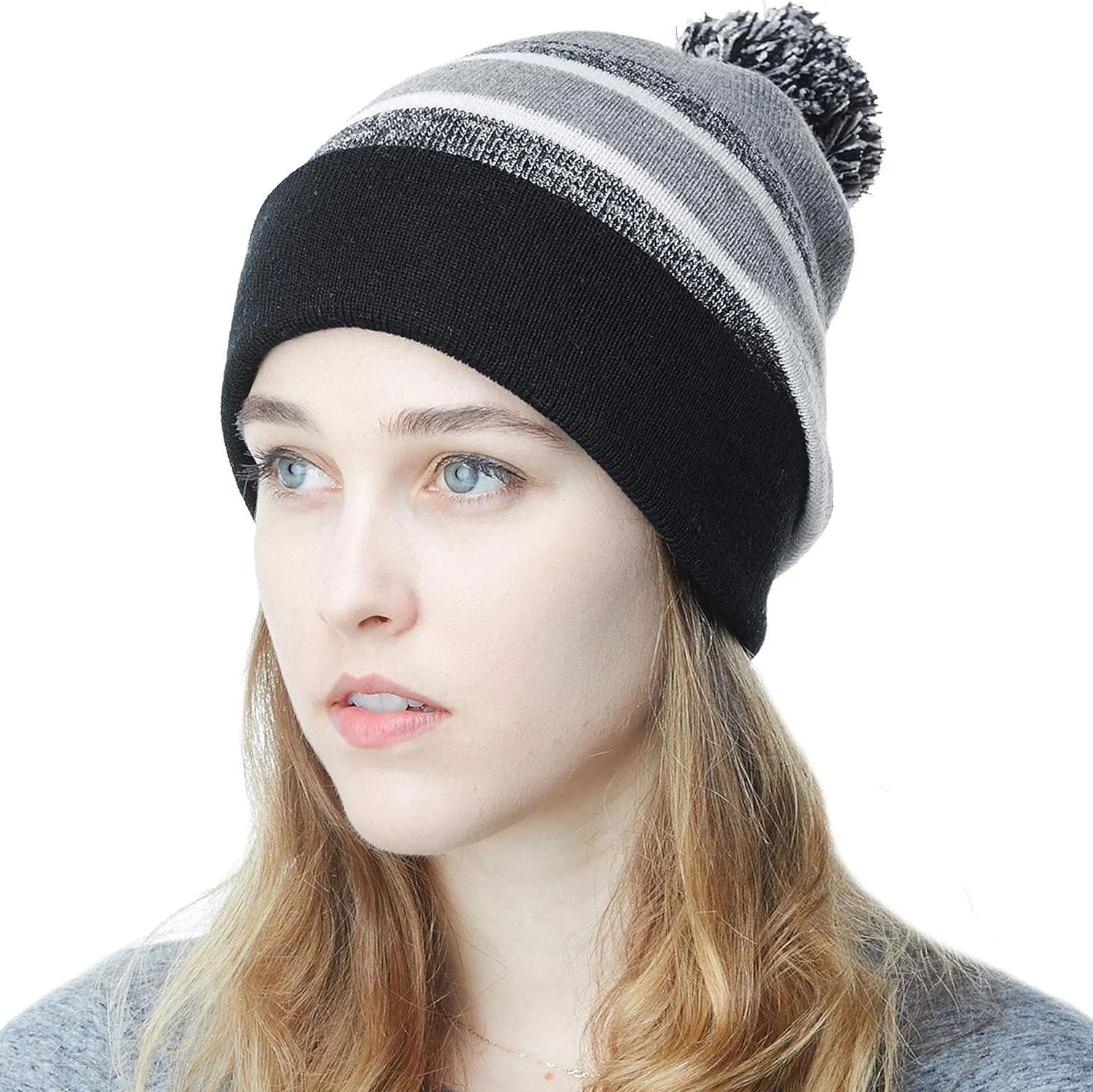 The Hat Depot Winter Beanie Soft Cuff Pom Pom Stripe Knit Skull Slouch Ski Hat