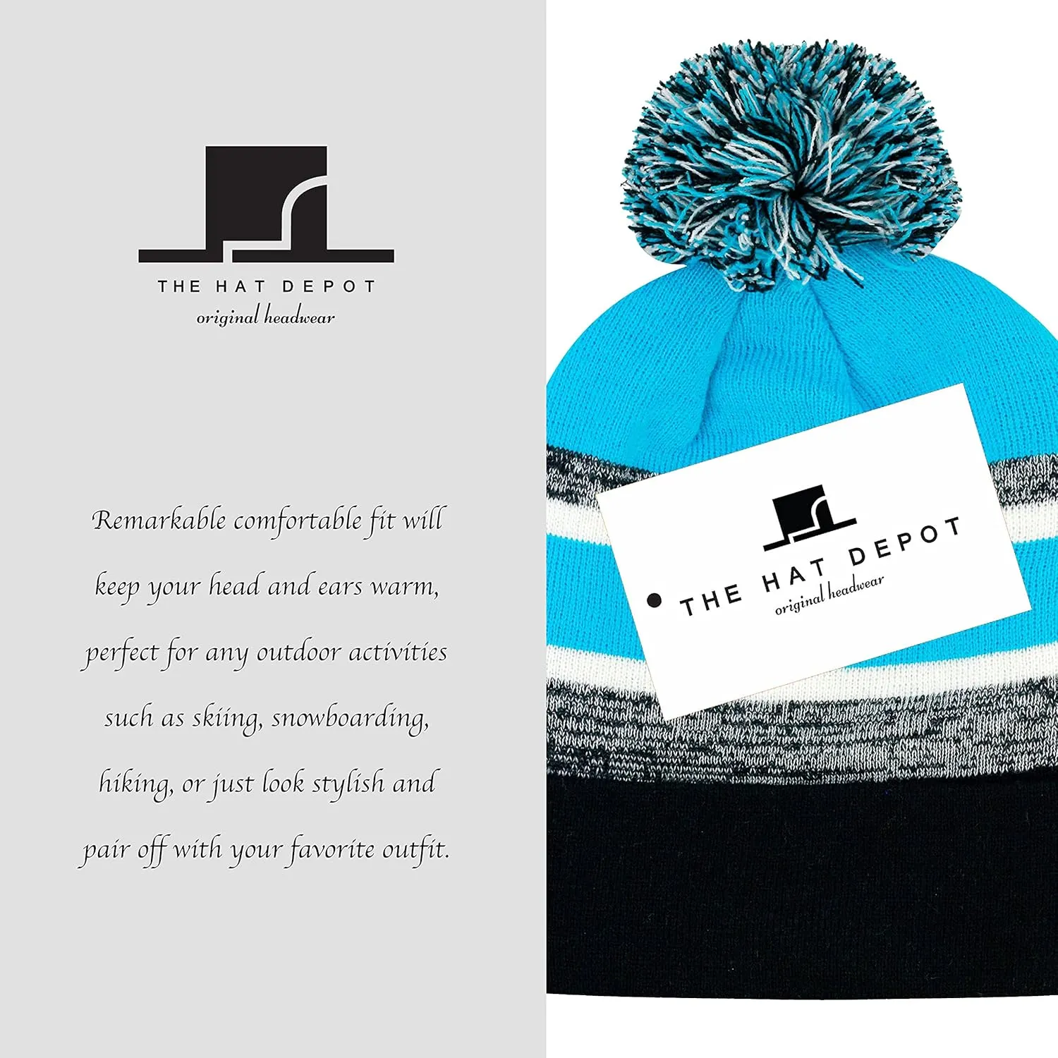 The Hat Depot Winter Beanie Soft Cuff Pom Pom Stripe Knit Skull Slouch Ski Hat