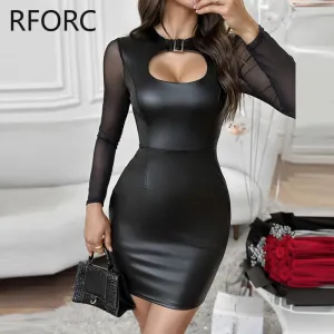 Trendy Hollow Out Mesh Patchwork Mini Black Dress