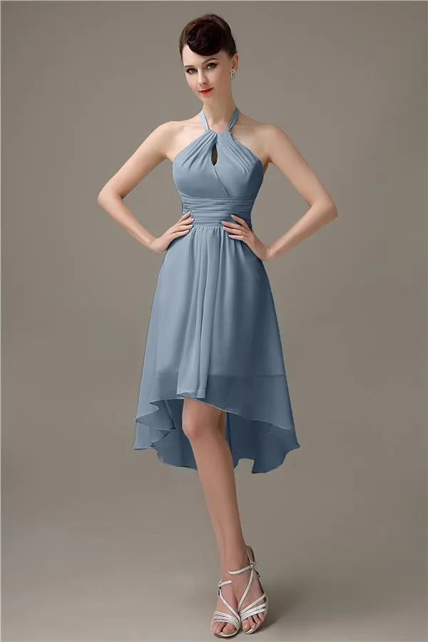 Unique A-line Halter High-Low Short Bridesmaid Dresses